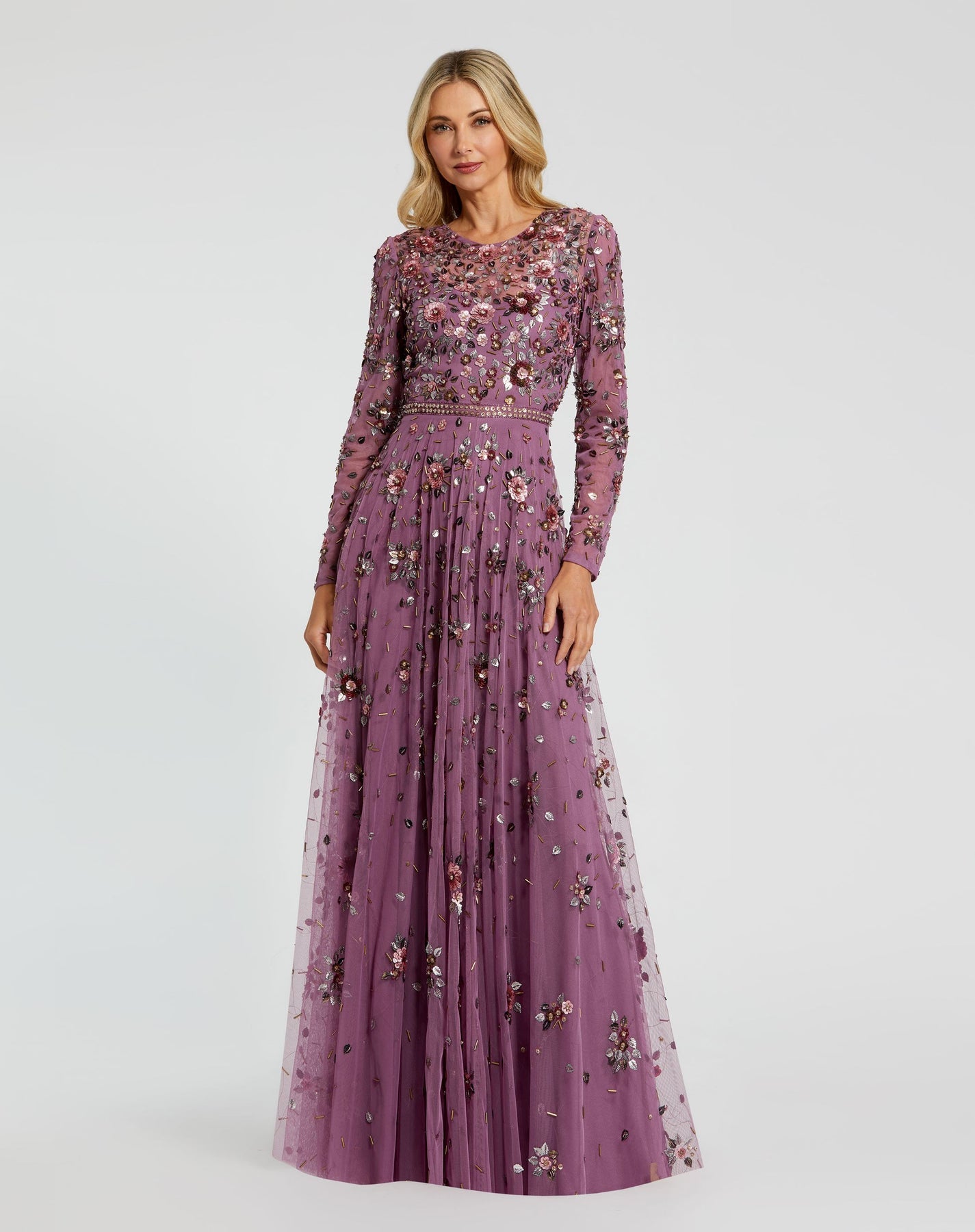 mac duggal purple sequin dress Sequined Wrap Over Bishop Sleeve Dress Mac Duggal