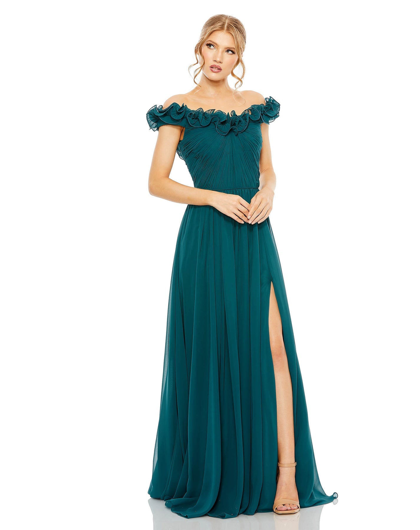 green emerald velvet dress Ruched Off The Shoulder A Line Gown
