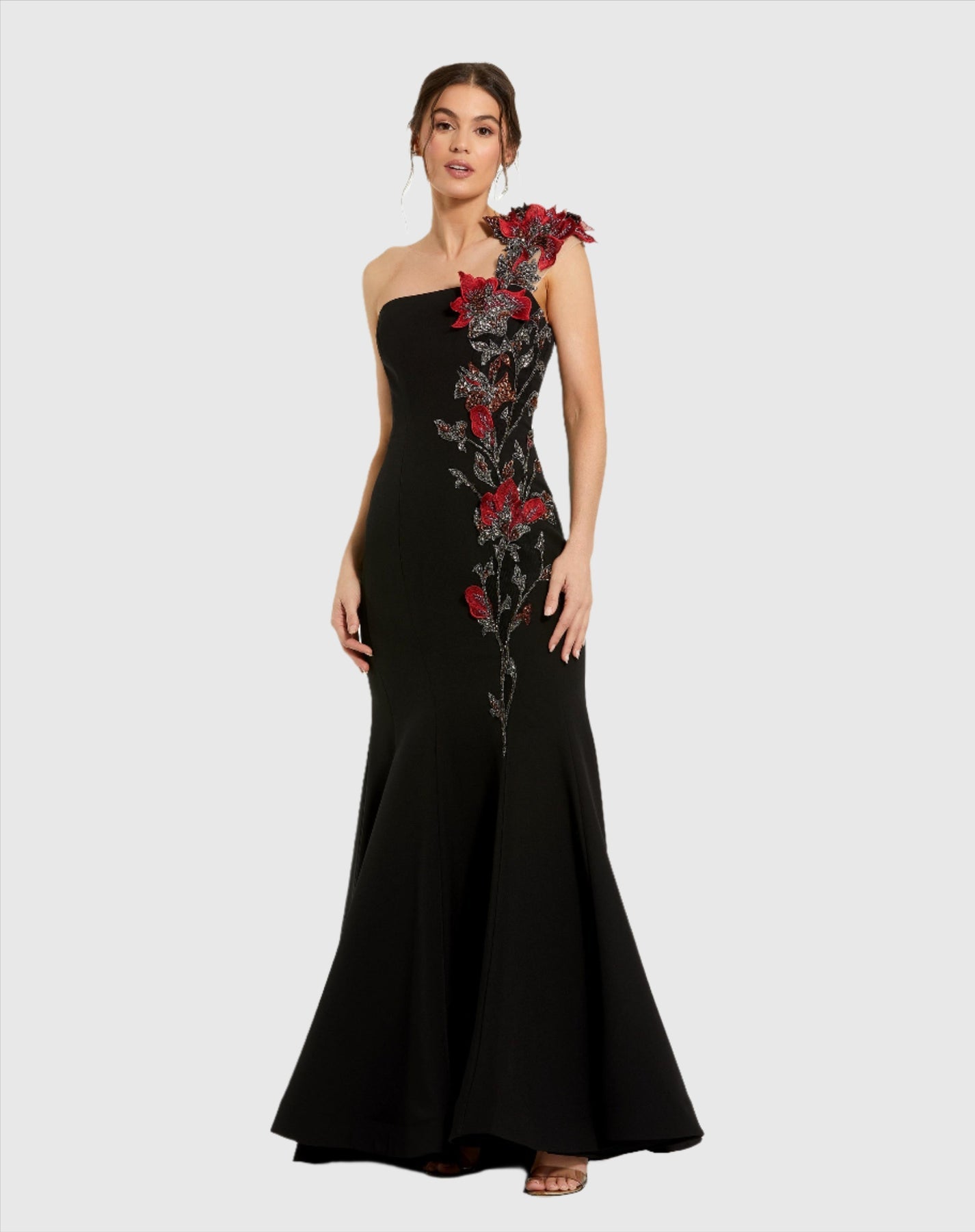 Mac Duggal - Black One Shoulder Embroidered Mermaid Gown - Black Multi / US 12 Mac Duggal - Black One Shoulder Embroidered Mermaid Gown - Black Multi / US 12