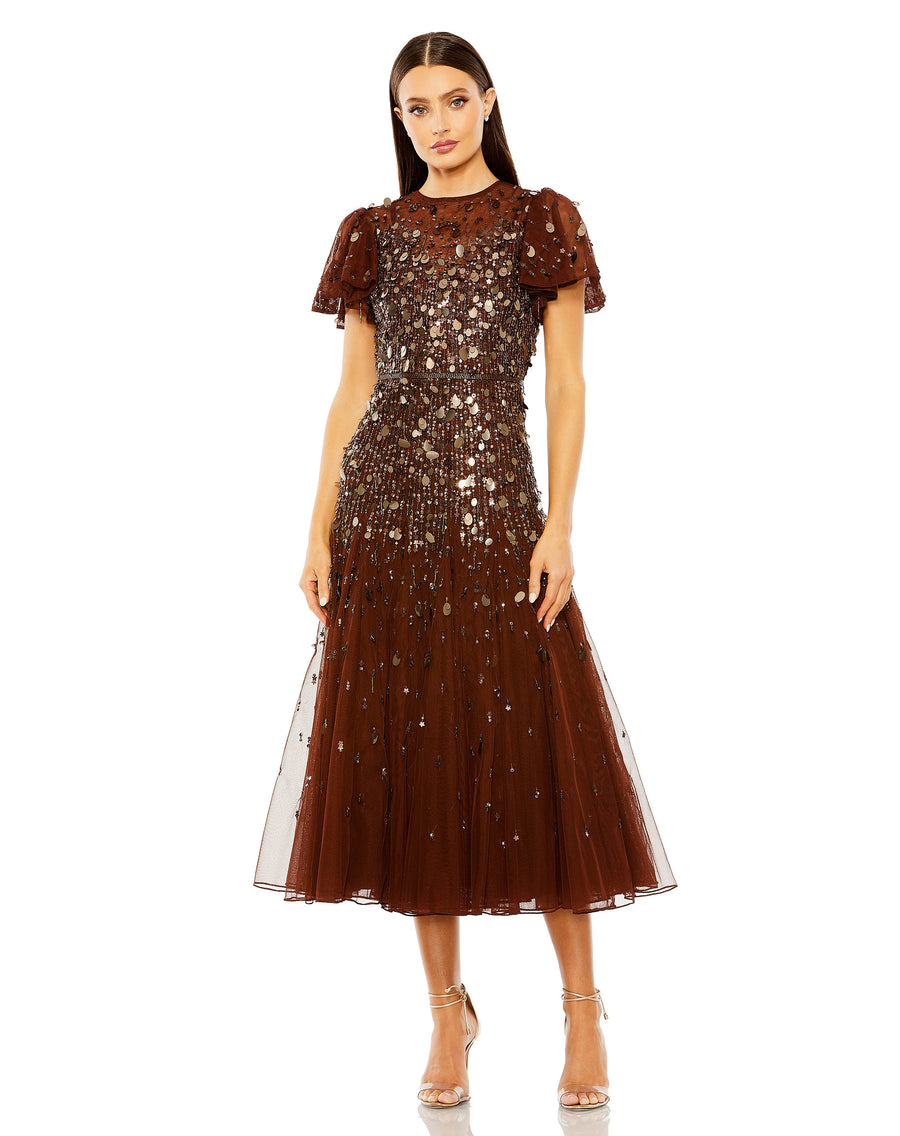 Mac Duggal - Brown High Neck Flutter Sleeve Beaded Dress - Espresso / US 10 Mac Duggal - Brown High Neck Flutter Sleeve Beaded Dress - Espresso / US 10