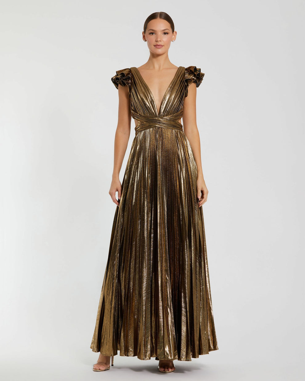 Mac Duggal Women's Ruffle Sleeve Cutout Pleated Metallic Gown - Gold - Size 10 - Antique Gold Mac Duggal Women's Ruffle Sleeve Cutout Pleated Metallic Gown - Gold - Size 10 - Antique Gold