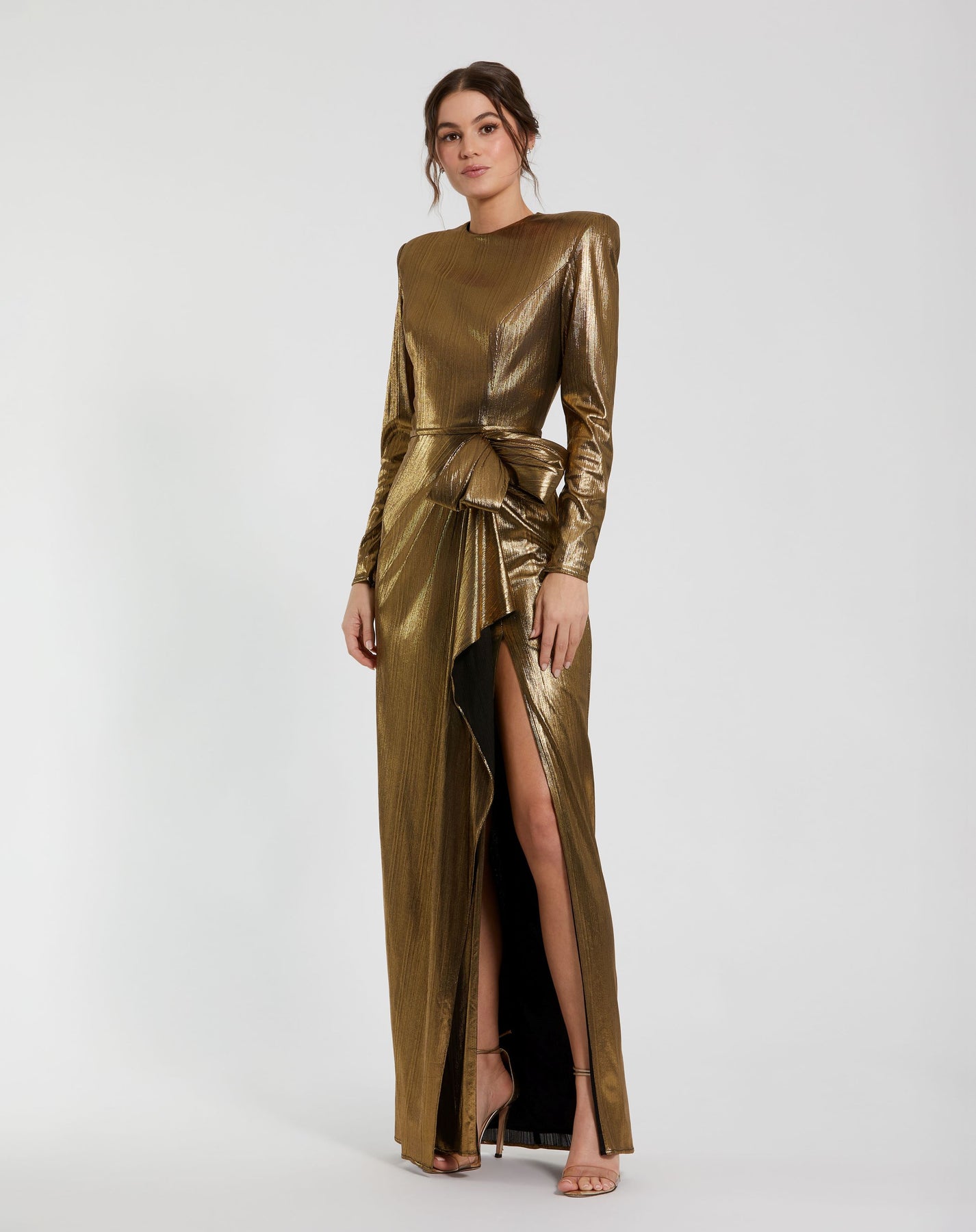 ieena for mac duggal gold dress Gold Sequined One Shoulder Bishop Sleeve Trumpet Gown