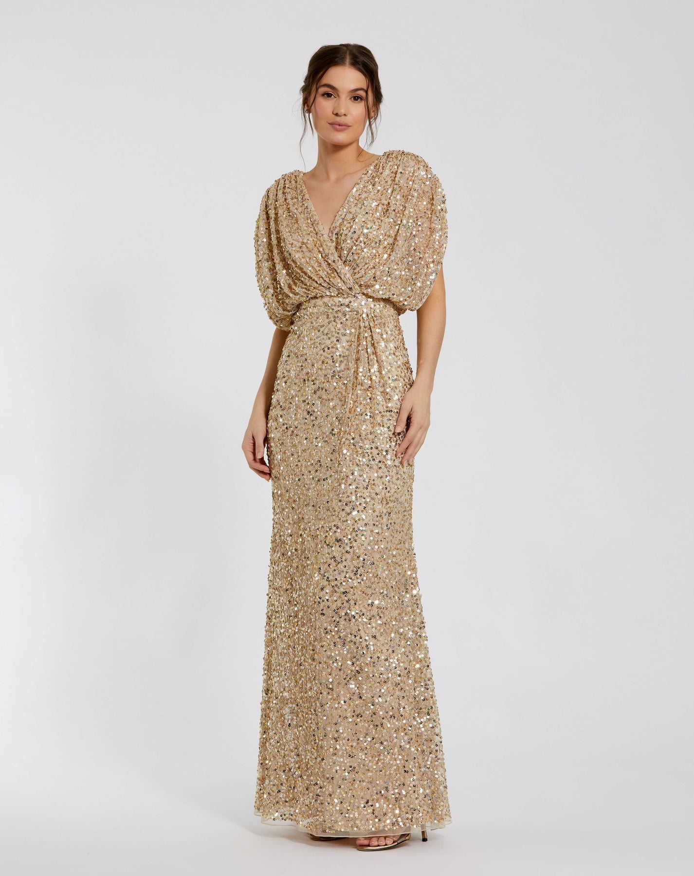 Gold Sequin Draped Sleeve V-Neck Gown