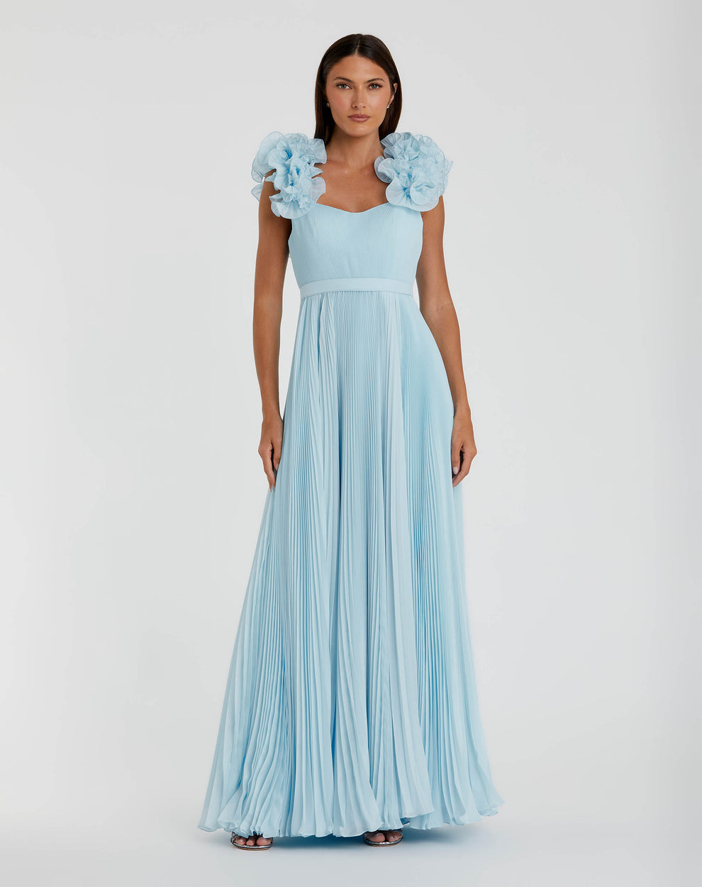 Mac Duggal - Blue Pleated Organza Gown With Ruffle Straps - Powder Blue / US 12 Mac Duggal - Blue Pleated Organza Gown With Ruffle Straps - Powder Blue / US 12