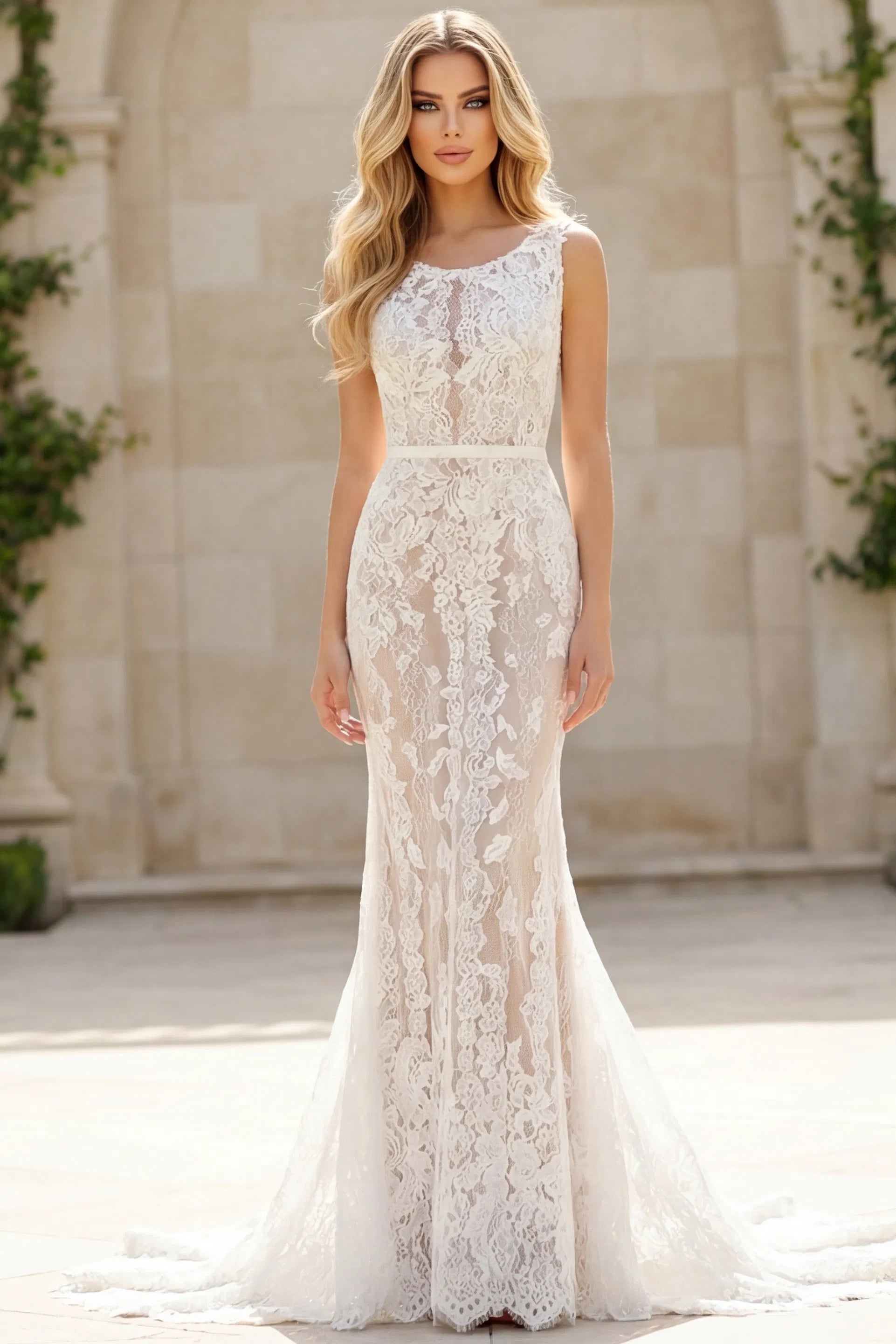 Bateau Floor-Length Lace Wedding Mermaid Gown Jovani JB44597 - Ivory/Nude / 4 Bateau Floor-Length Lace Wedding Mermaid Gown Jovani JB44597 - Ivory/Nude / 4