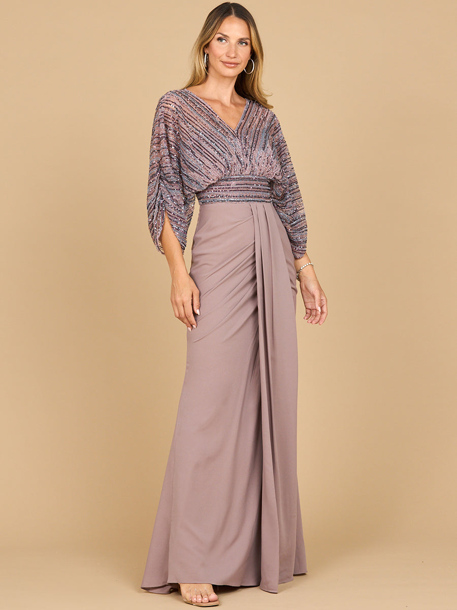 Lara Dresses 28950 Long Formal Beaded Cape Mother of the Bride Dress - DUSTY PURPLE / 12 Lara Dresses 28950 Long Formal Beaded Cape Mother of the Bride Dress - DUSTY PURPLE / 12