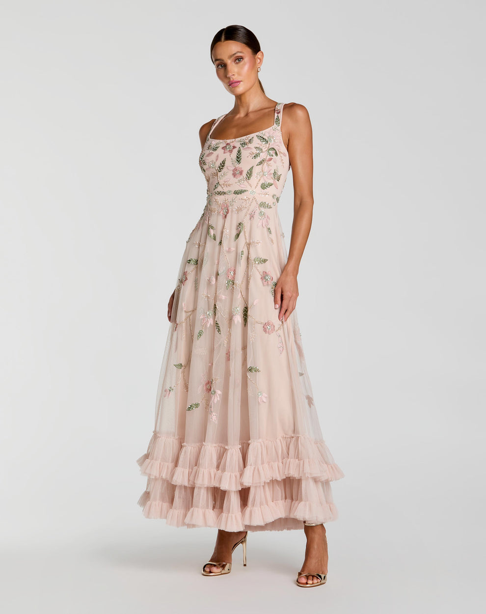 mac duggal maxi dresses - Pink Ruffle Midi Dress with Floral Embroidery Red Wedding Dress | Color:Sage Windsor Brocade __label:Final Sale 65L down center back
