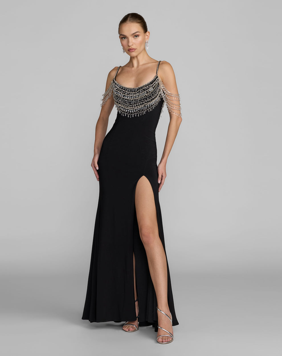Ieena for Mac Duggal - Black Beaded Jersey Scoop Back Gown with Slit