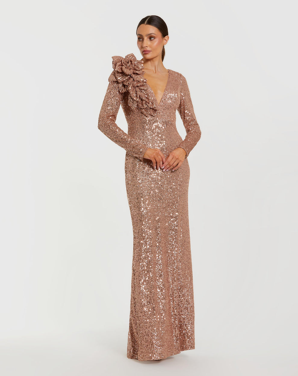 slim fit dress slacks Gold Metallic Pleated Gown with Ruffle Shoulder Detail