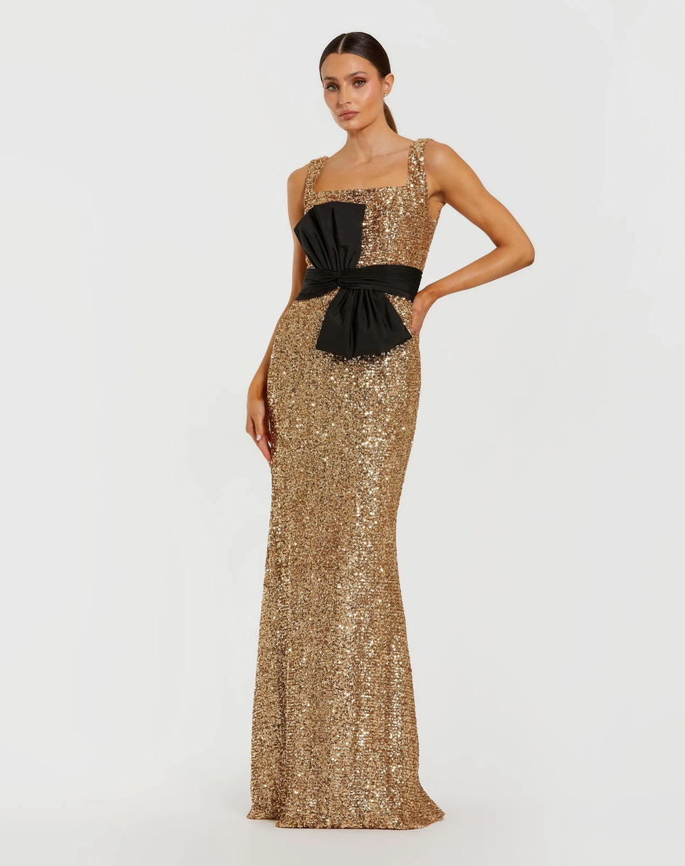 Ieena for Mac Duggal - Gold Sequin Square Neck Column Gown With Faille Bow - Black Gold / S