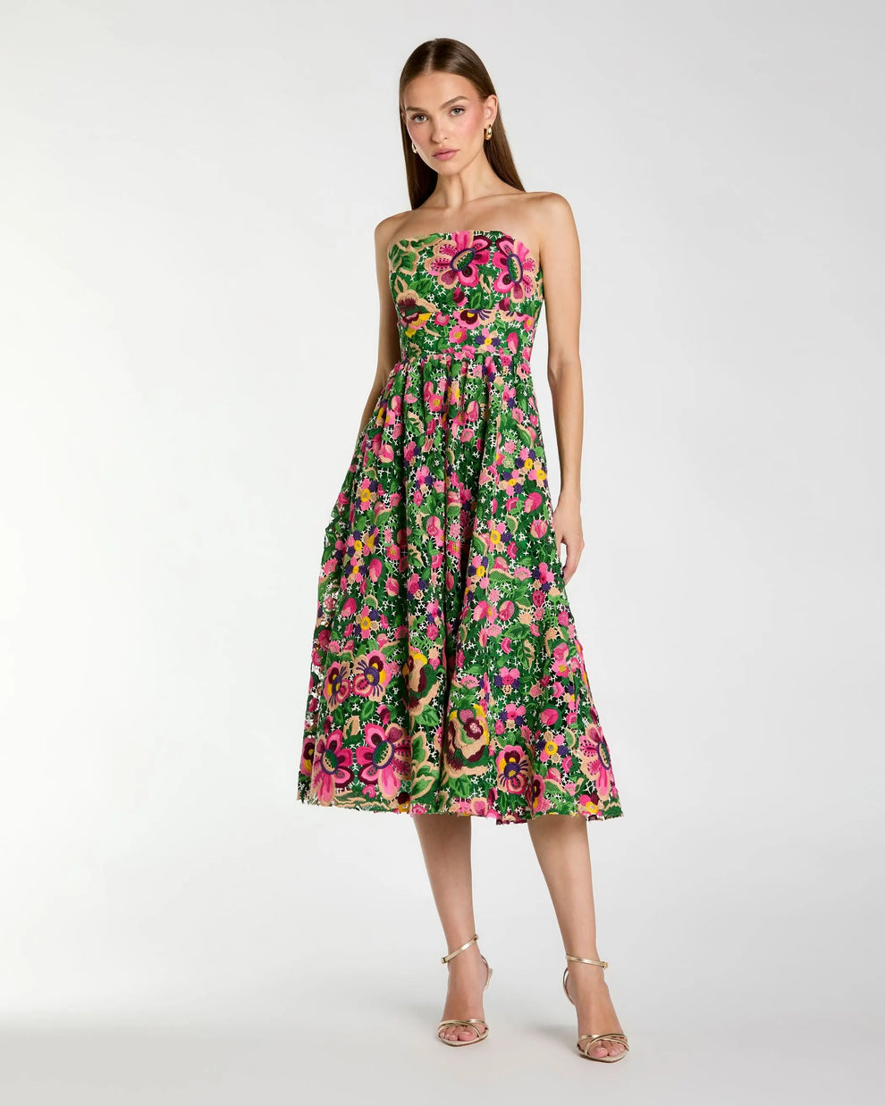 Mac Duggal Women's Strapless Floral Embroidered Midi Dress - Green - Size 8