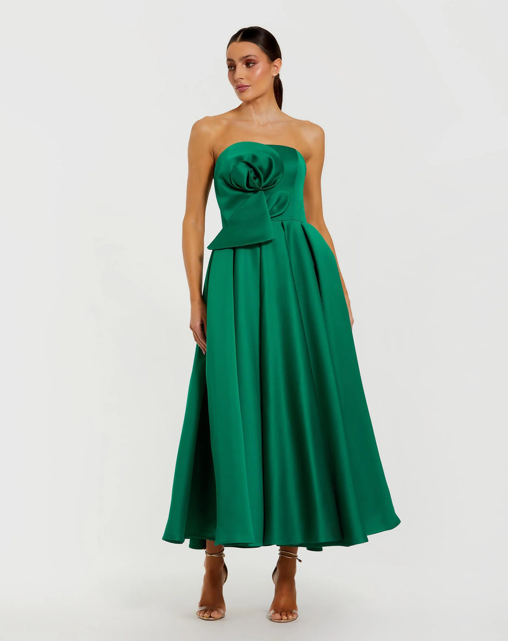 Mac Duggal Women's Strapless Satin A Line Midi Dress with 3D Flower - Green - Size 10