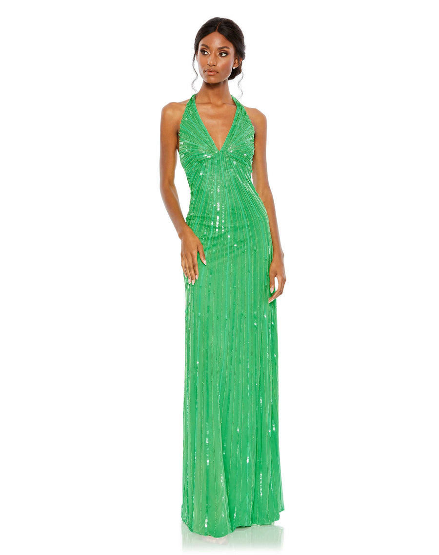 Mac Duggal - Green Halter Neck Sequin Gown - Spring Green / US 14 Mac Duggal - Green Halter Neck Sequin Gown - Spring Green / US 14