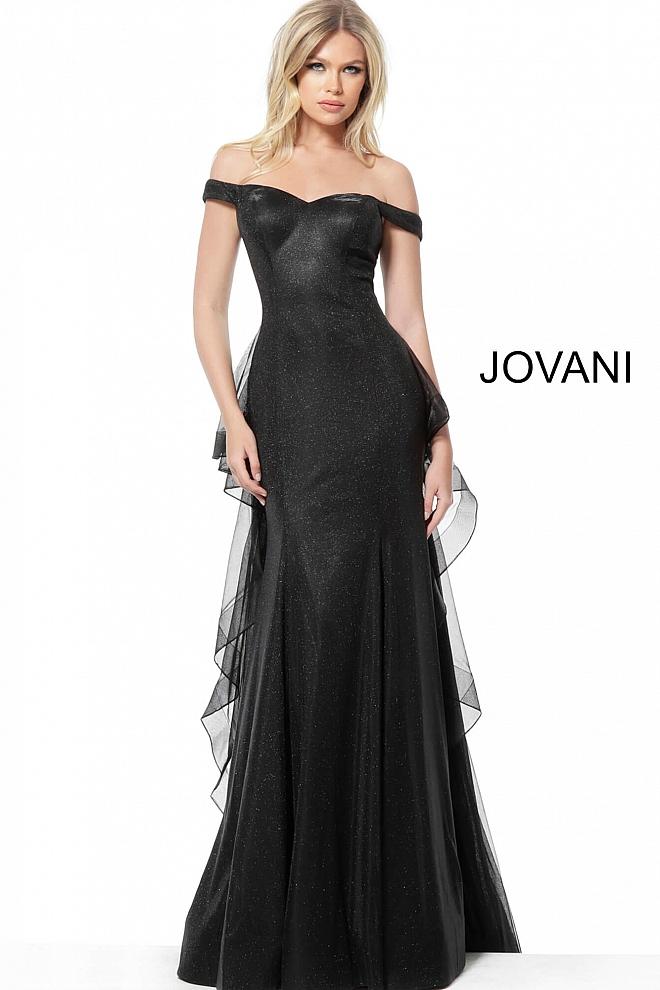 jovani black off the shoulder dress Beaded Off Shoulder Slit Gown by Jovani 37094 6 / Black
