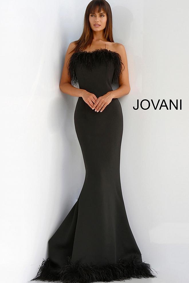 Black Strapless Feather Neckline Evening Jovani Dress 63891 Black Strapless Feather Neckline Evening Jovani Dress 63891