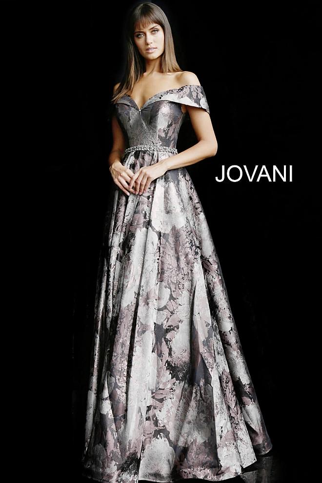 Brown Print Off the Shoulder A Line Evening Jovani Gown 62042 Brown Print Off the Shoulder A Line Evening Jovani Gown 62042