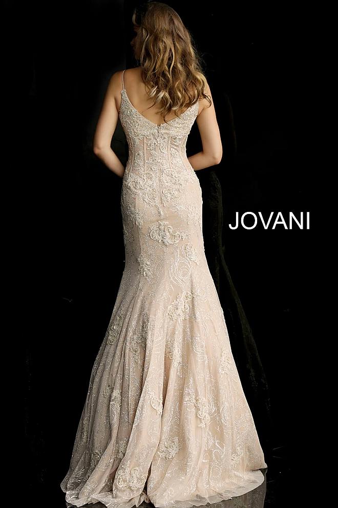 Nude Spaghetti Straps Embellished Mermaid Evening Jovani Dress 62763 - Elbisny