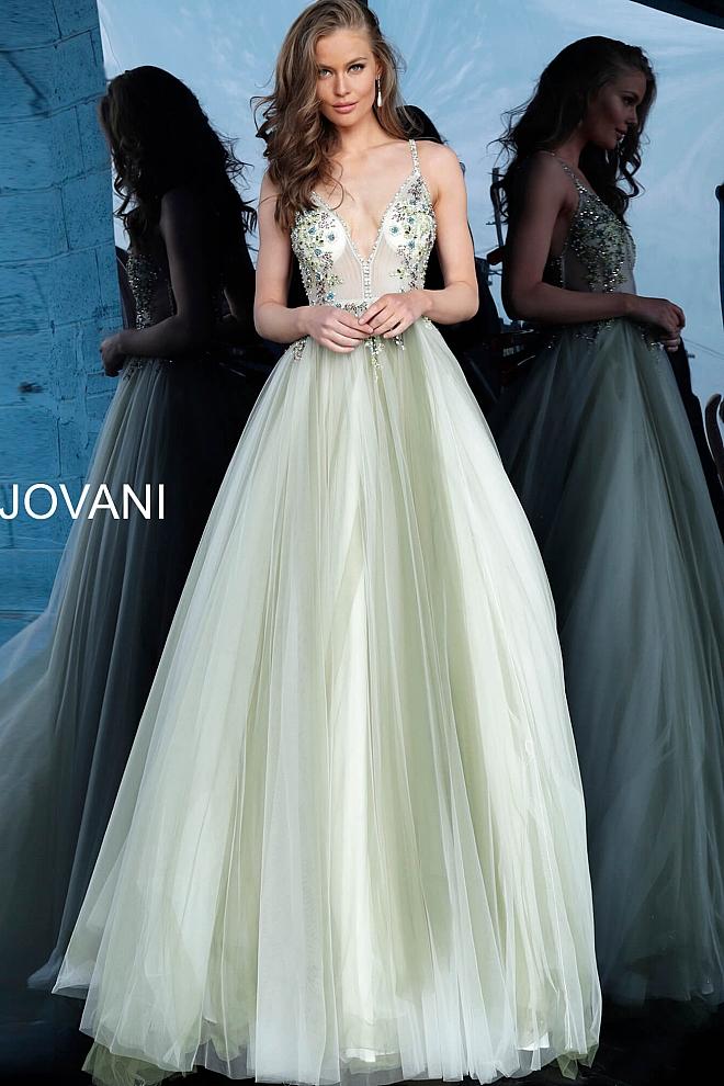 Olive Off White Embellished Bodice Prom Ballgown Jovani 66352 0 / Olive/Offwhite