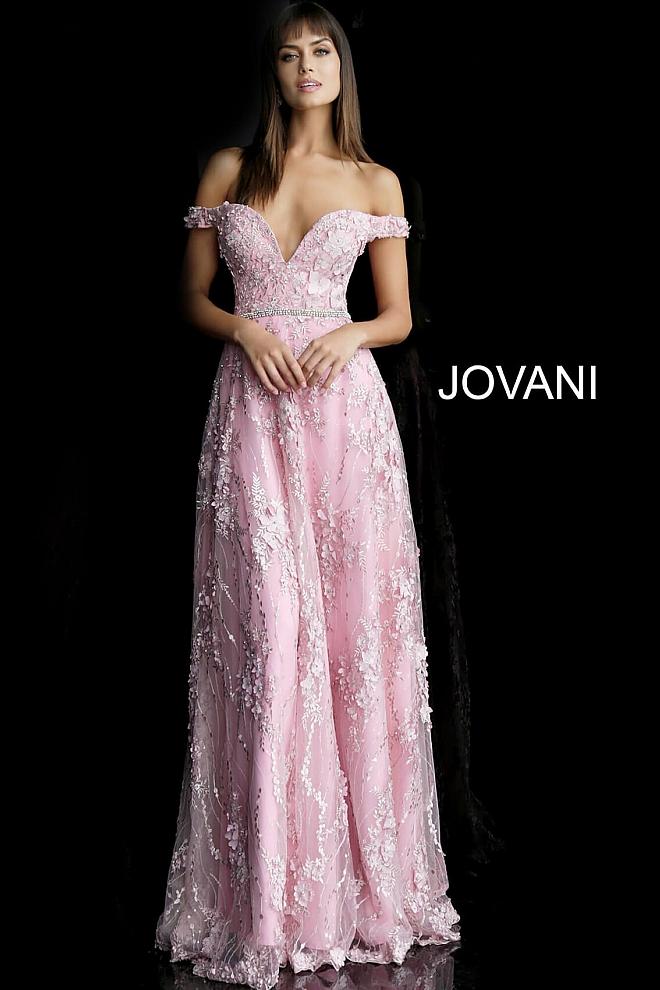 Pink Off the Shoulder Floral Embroidered Evening Jovani Dress 63005 Pink Off the Shoulder Floral Embroidered Evening Jovani Dress 63005