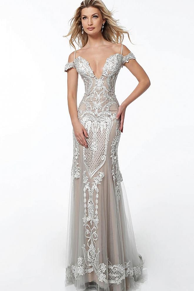 taupe off the shoulder dress Azazie Kassandra