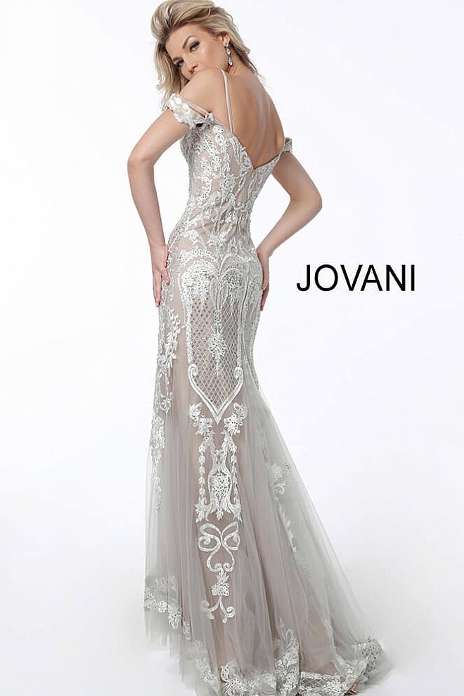Taupe Off the Shoulder Plunging Neckline Evening Jovani Dress 60864 - Elbisny