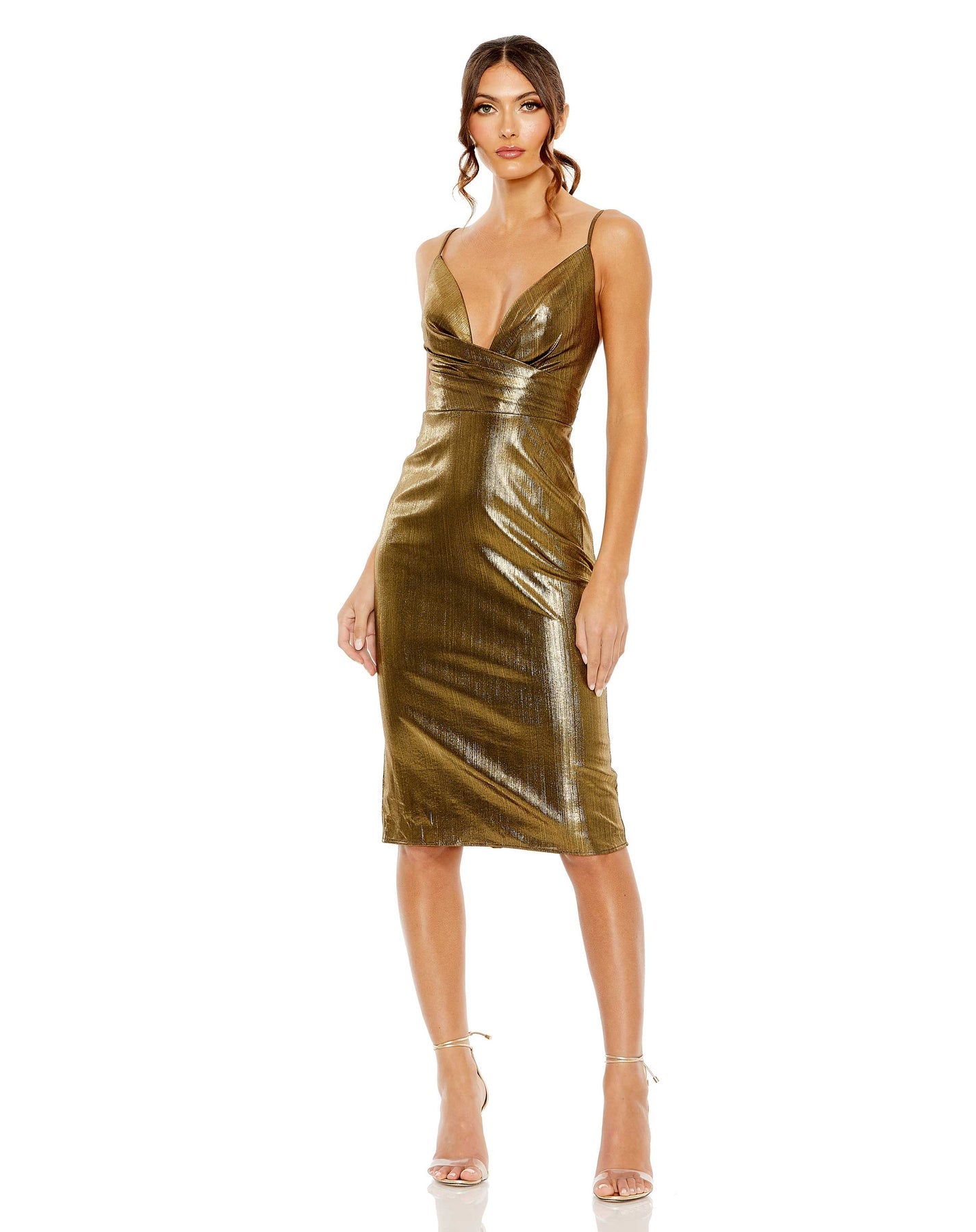 ieena for mac duggal gold dress Gold Metallic Pleated Gown with Ruffle Shoulder Detail