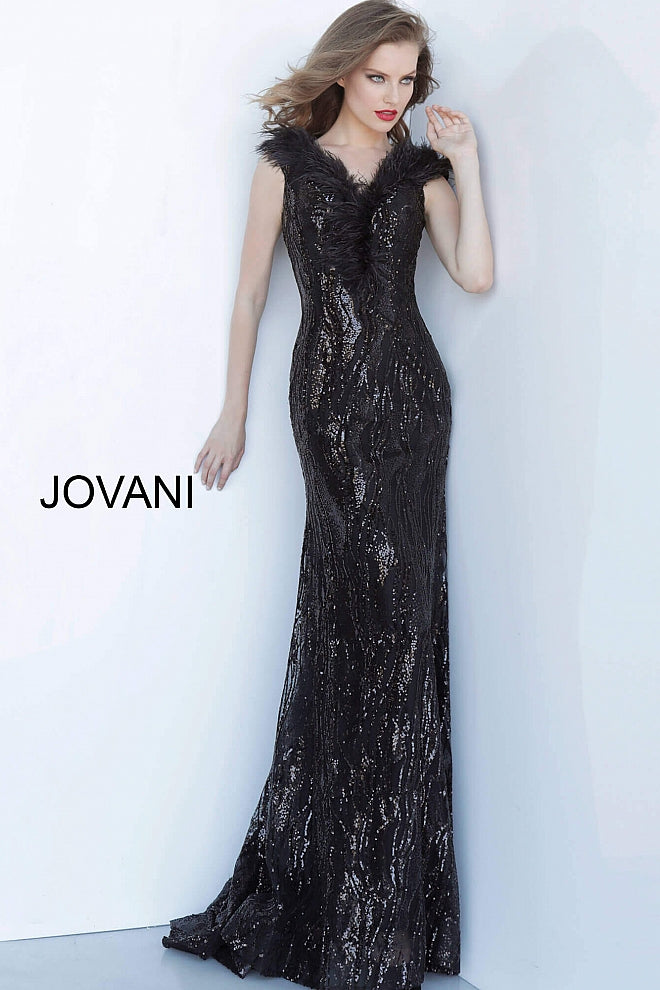 Black Off the Shoulder Feather Neckline Evening Jovani Dress 2925 Black Off the Shoulder Feather Neckline Evening Jovani Dress 2925