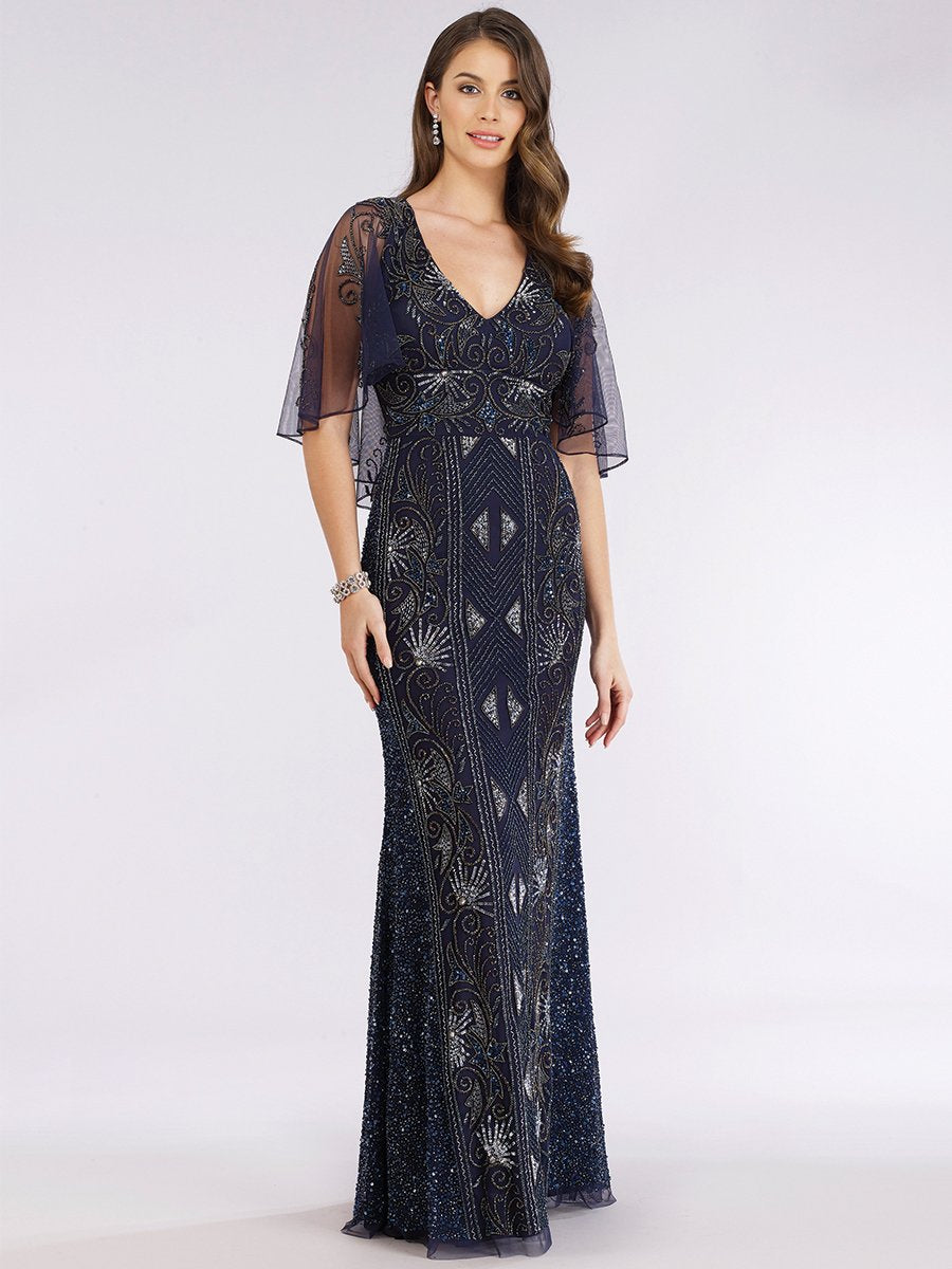 Lara 29393 - Cape Sleeve Beaded Gown Navy / 20 Lara 29393 - Cape Sleeve Beaded Gown Navy / 20