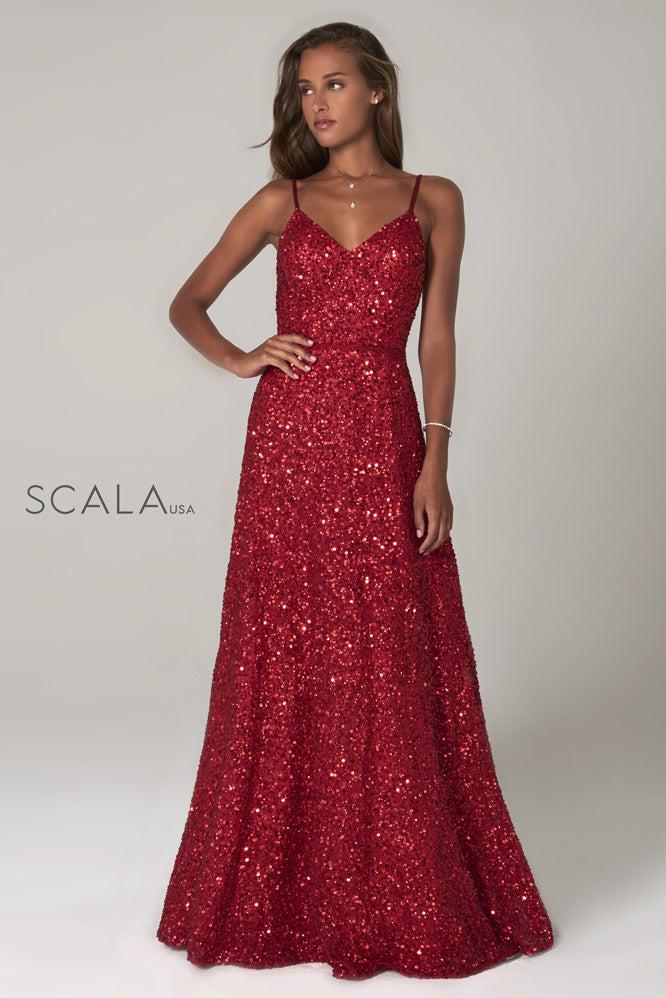 scala red sequin dress SCALA -80126 V-Neck Side Cut Out Sequin Sheath Dress 8 / RED