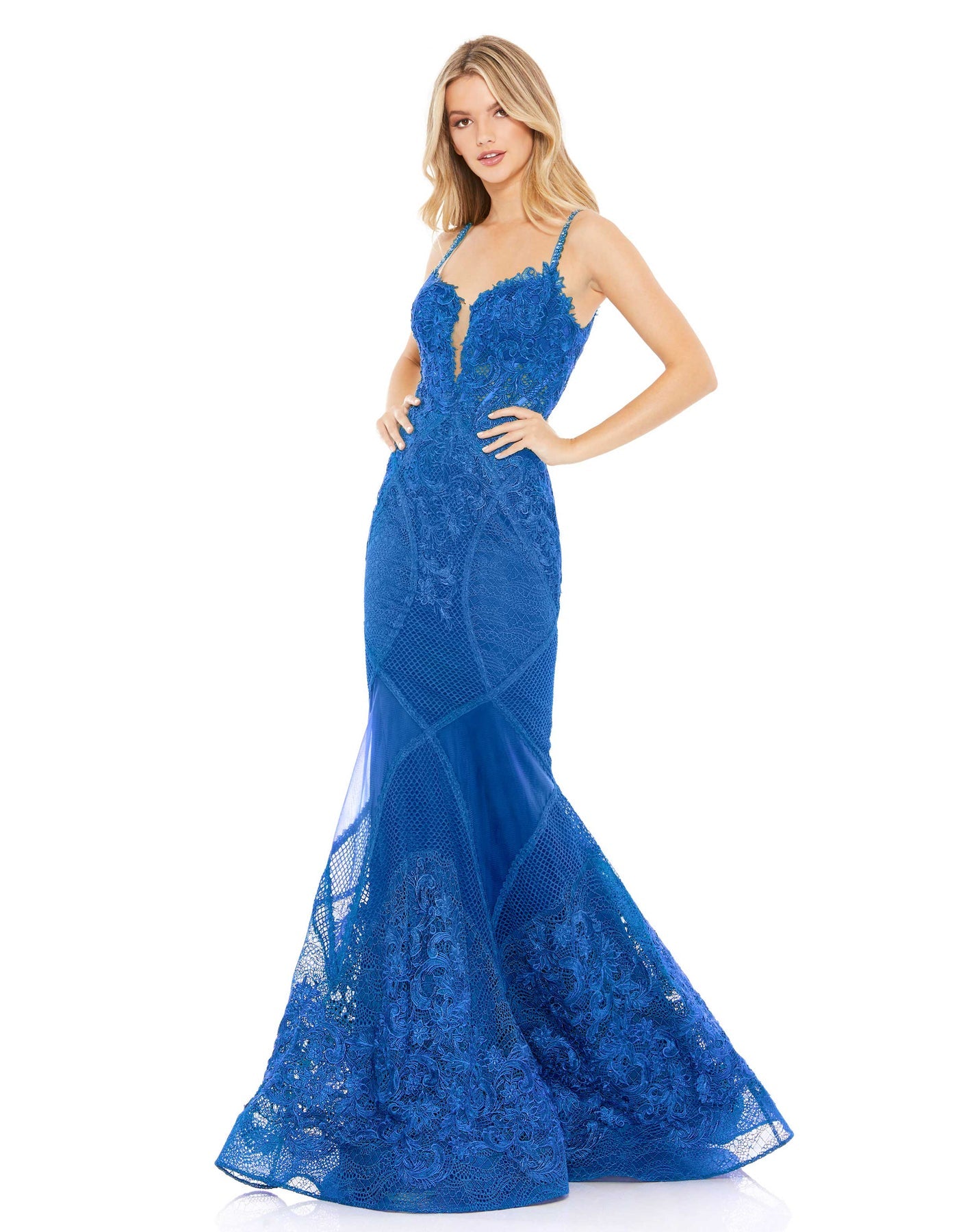 Mac Duggal Women's Floral Lace Mermaid Gown - Royal - Size 6 Mac Duggal Women's Floral Lace Mermaid Gown - Royal - Size 6