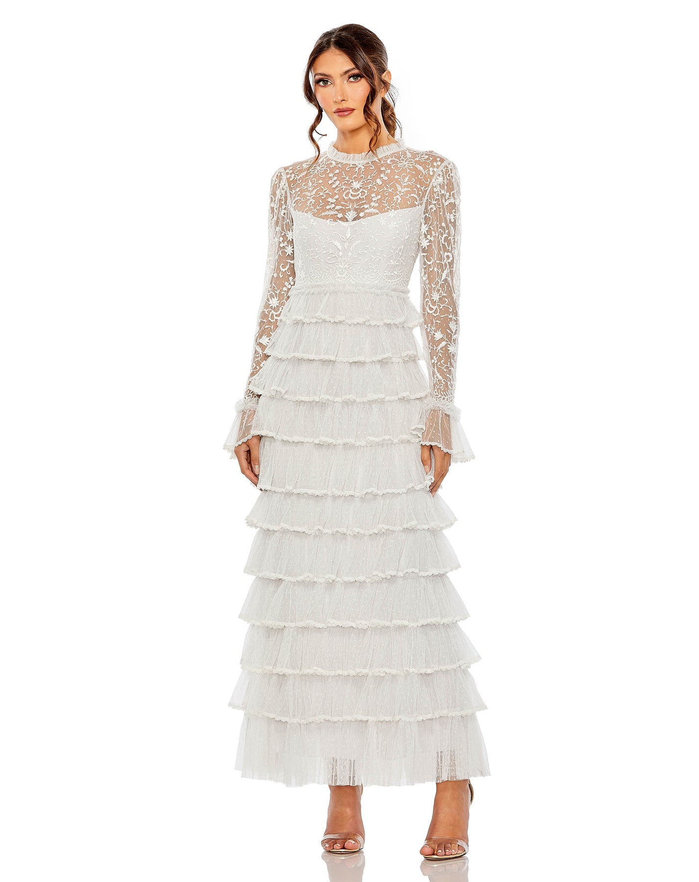 EMBROIDERED LONG SLEEVE RUFFLED TIERED DRESS Pearl / 8 EMBROIDERED LONG SLEEVE RUFFLED TIERED DRESS Pearl / 8