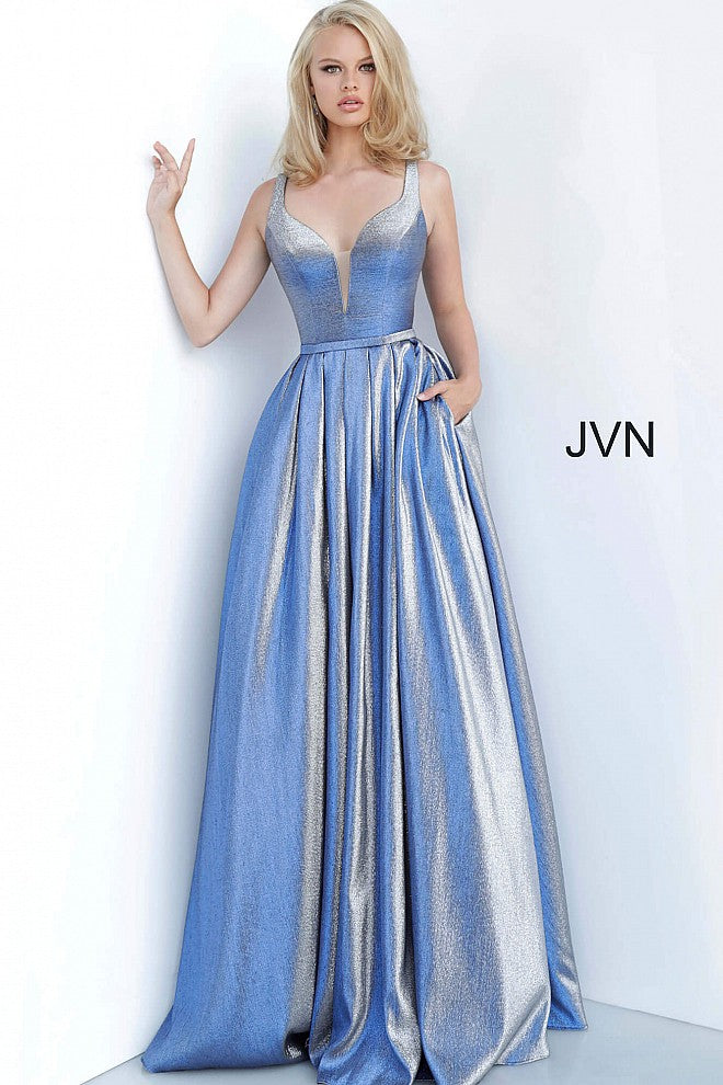 Blue Metallic Plunging Neckline Prom Ballgown JVN2229 Blue Metallic Plunging Neckline Prom Ballgown JVN2229