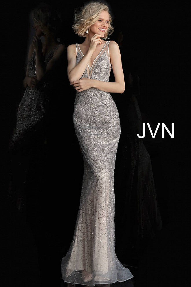 Silver Nude Fitted V Neck Sleeveless Prom Dress JVN62500 8 / Silver Nude Silver Nude Fitted V Neck Sleeveless Prom Dress JVN62500 8 / Silver Nude