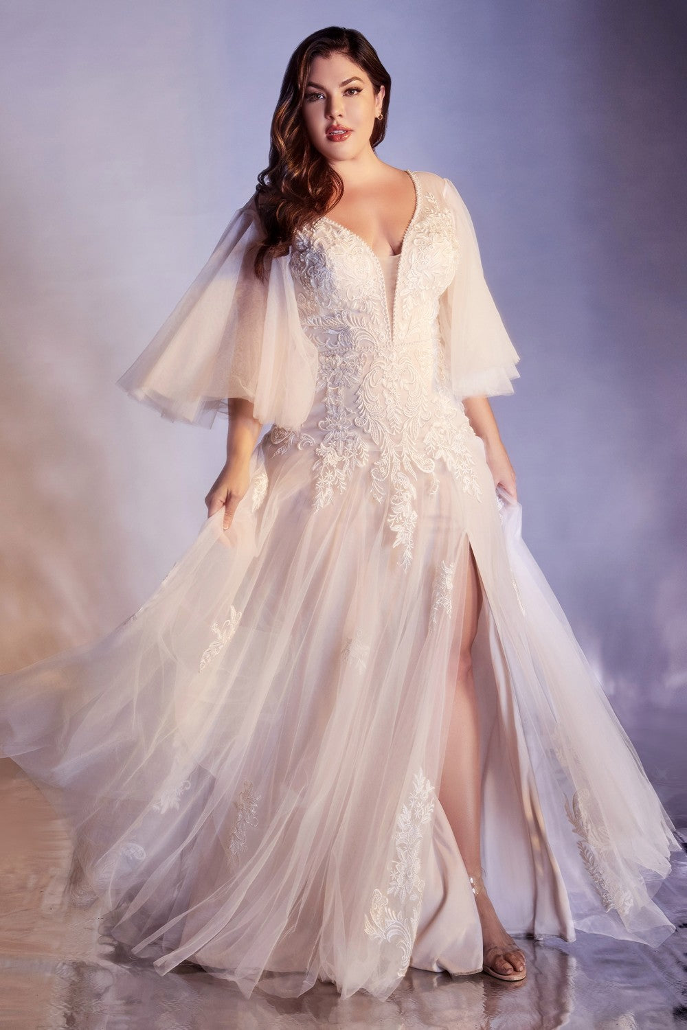 fitted lace wedding dress Cinderella Divine Off Shoulder Long Sleeve Dress 7482C main image 1