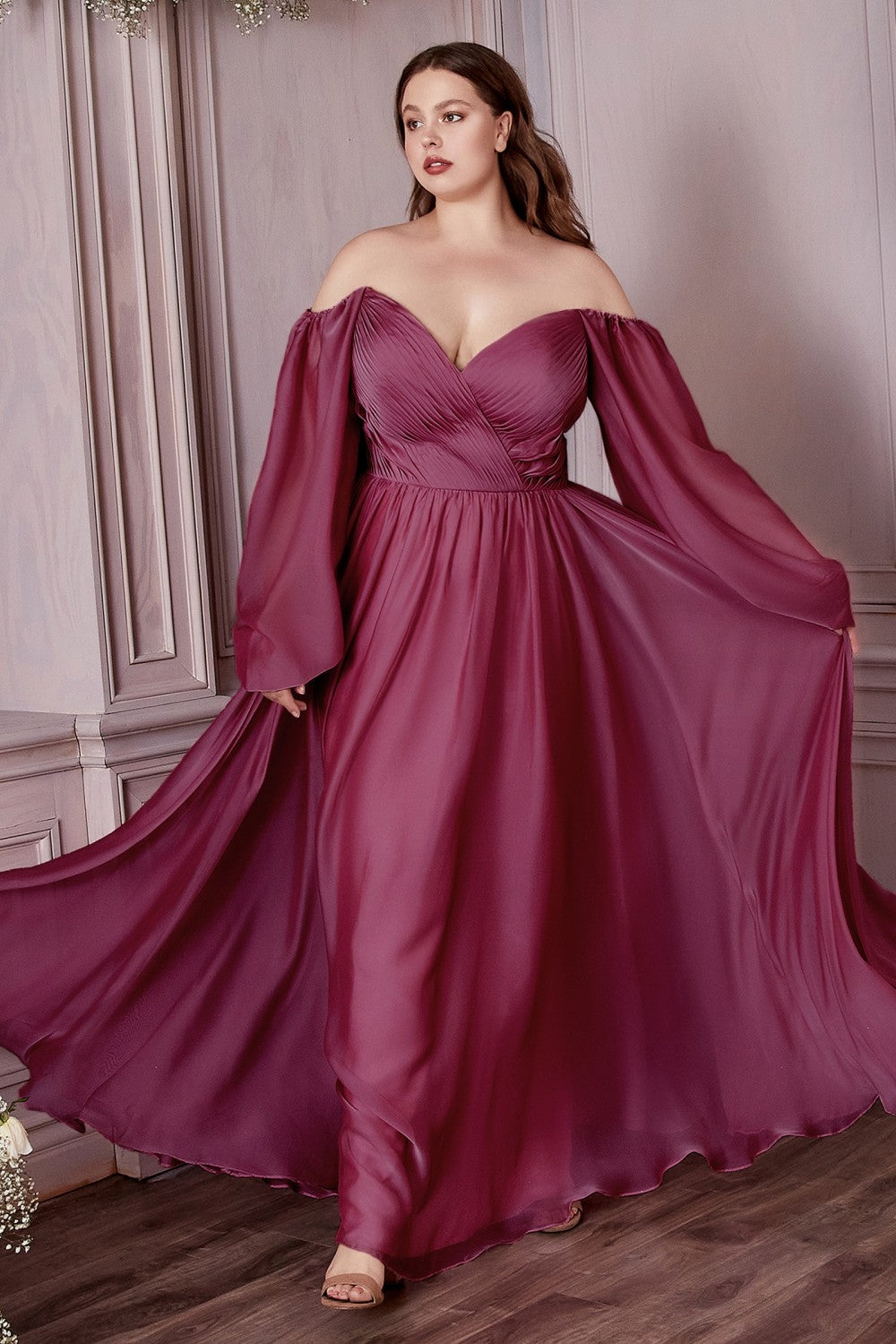 cinderella divine cd243 off shoulder long sleeve formal prom dress Long Sleeve Chiffon Gown by Cinderella Divine CD243 ABC Fashion