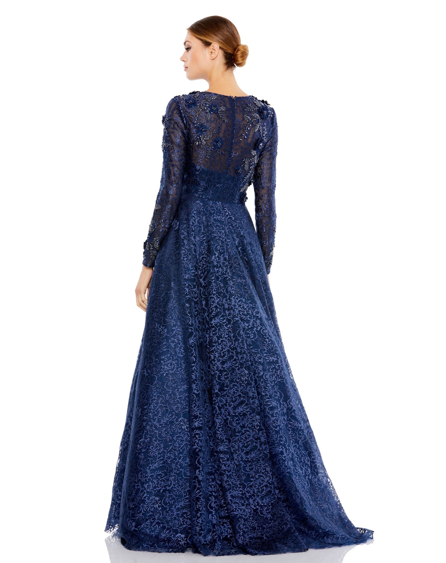 mac duggal evening - 11121d embroidered long sleeve a-line dress Mac Duggal Long Sleeve A-Line Floral Applique Gown Navy, Size 18