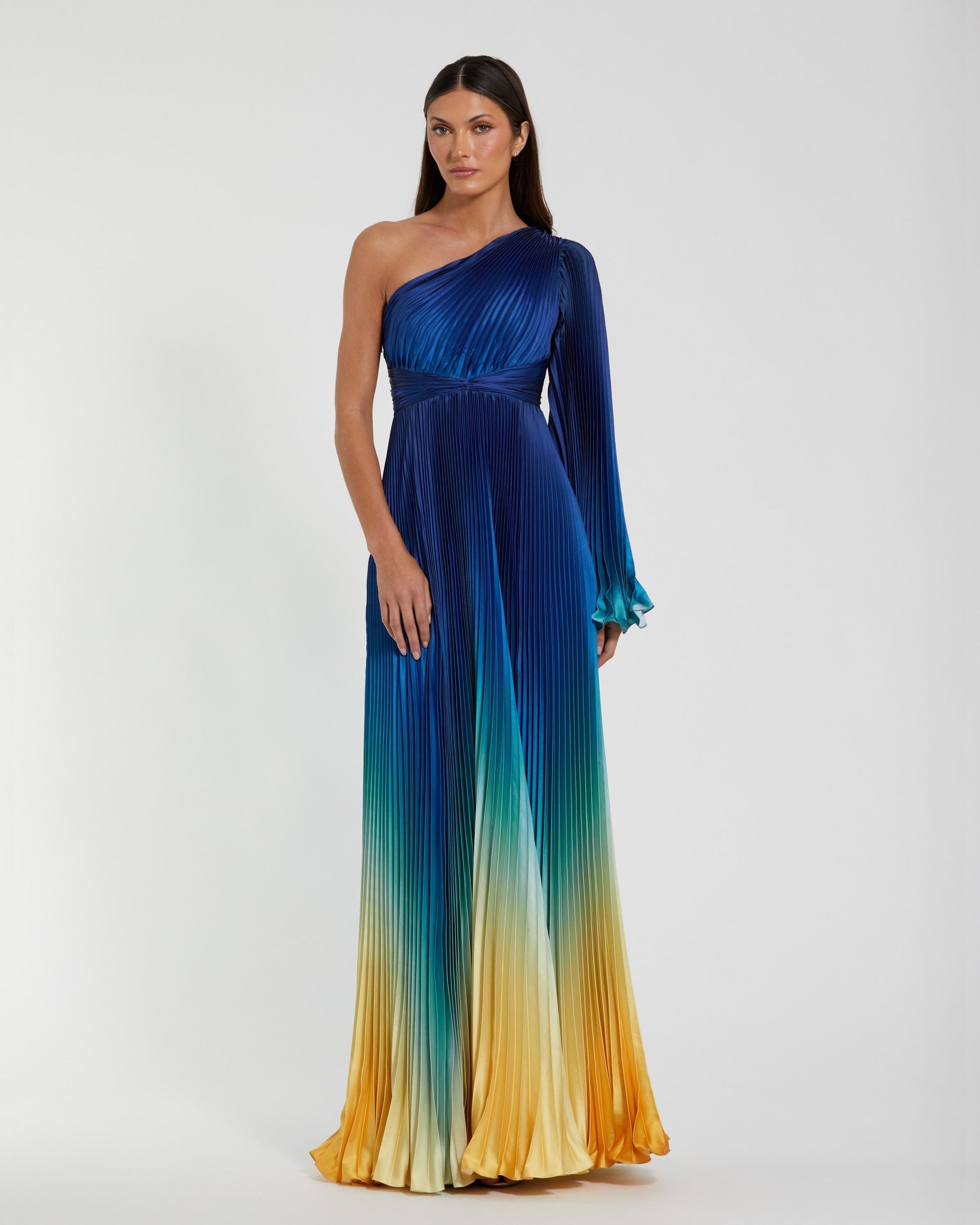 Mac Duggal Women's Pleated Charmeuse One Long Flare Sleeve Gown - Blue - Size 10 - Blue Ombre Mac Duggal Women's Pleated Charmeuse One Long Flare Sleeve Gown - Blue - Size 10 - Blue Ombre