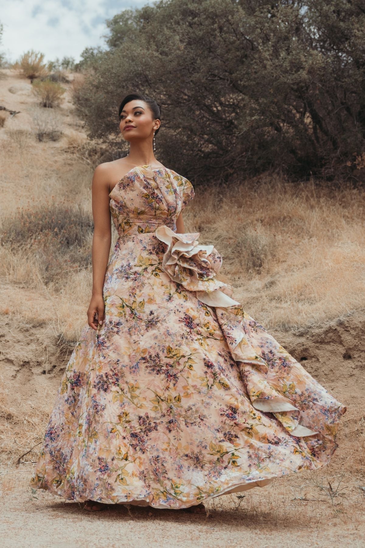 Mac Duggal Collection - Pink Strapless Floral Ball Gown With Ruffle Detail - Blush Multi / US 16 Mac Duggal Collection - Pink Strapless Floral Ball Gown With Ruffle Detail - Blush Multi / US 16