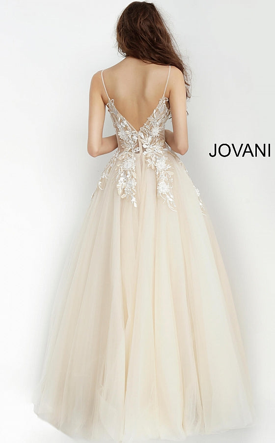 Nude Plunging Neckline Flower Appliques Prom Jovani Gown 02758 - Elbisny