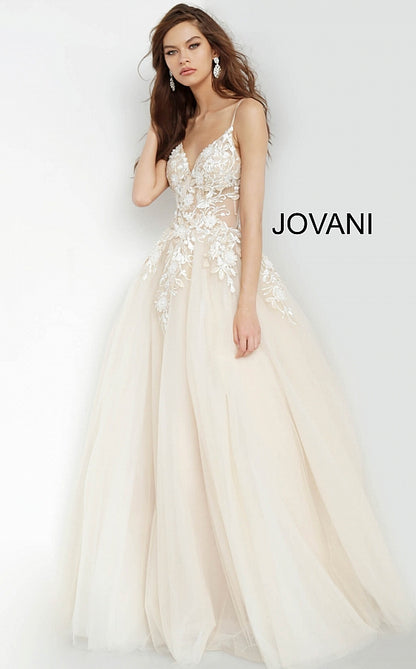 Nude Plunging Neckline Flower Appliques Prom Jovani Gown 02758 - Elbisny