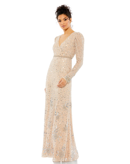 Mac Duggal - Beige Sequined Floral Embellished Long Sleeve Gown - Nude Silver / US 6 Mac Duggal - Beige Sequined Floral Embellished Long Sleeve Gown - Nude Silver / US 6