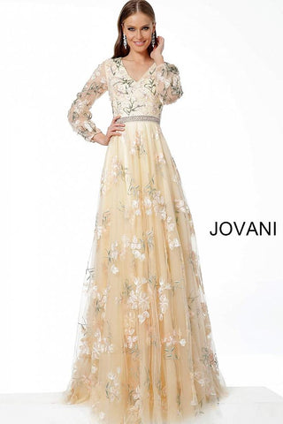 Beige Embroidered Long Sleeve Maxi Evening Jovani Dress 65637 - Elbisny