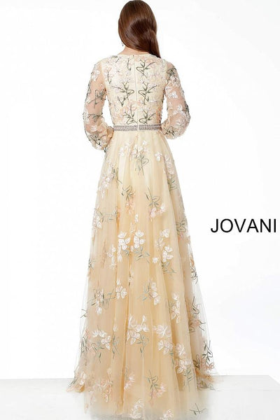 Beige Embroidered Long Sleeve Maxi Evening Jovani Dress 65637 - Elbisny