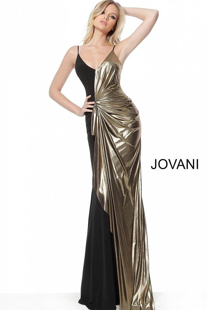 Black Gold Ruched Spaghetti Straps Evening Jovani Dress 1700 - Elbisny