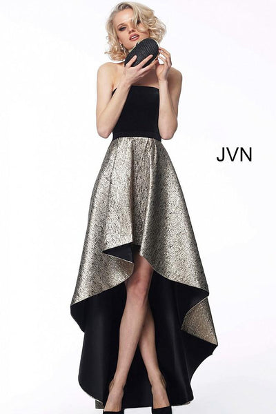 Black Gold Velvet Bodice High Low Evening Dress JVN60886 - Elbisny