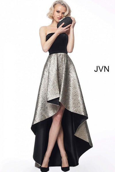 Black Gold Velvet Bodice High Low Evening Dress JVN60886 - Elbisny