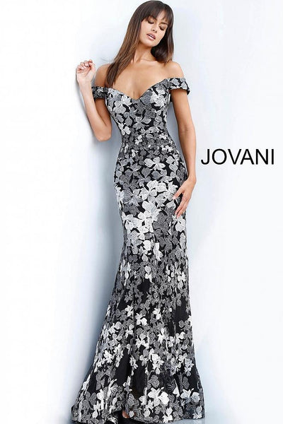 Black Grey Floral Embroidered Off the Shoulder Evening Jovani Dress 61380 - Elbisny