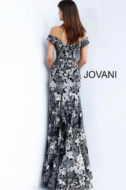 Black Grey Floral Embroidered Off the Shoulder Evening Jovani Dress 61380 - Elbisny