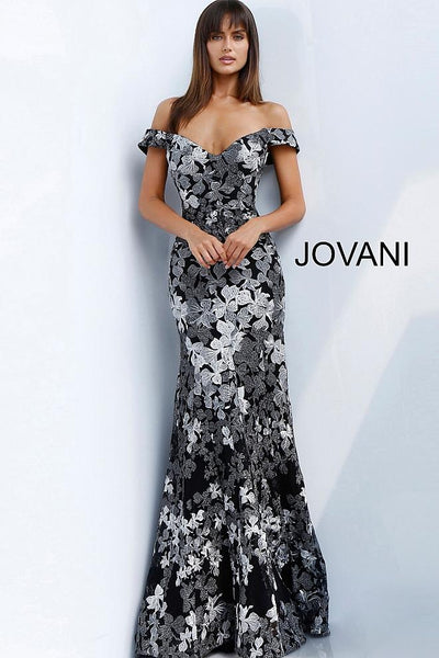 Black Grey Floral Embroidered Off the Shoulder Evening Jovani Dress 61380 - Elbisny