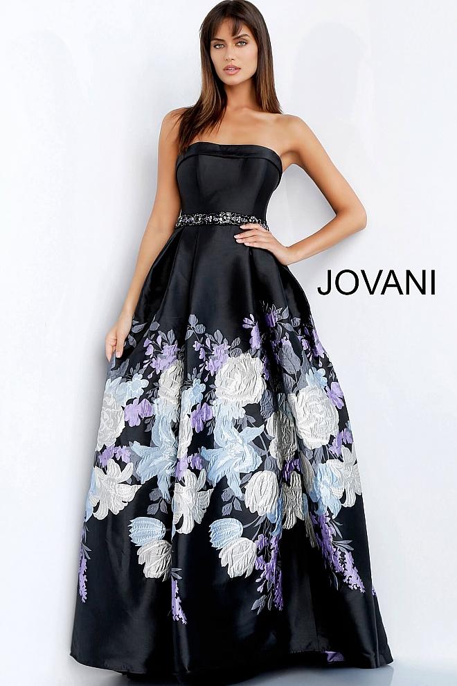 Black Multi Embellished Belt Strapless Evening Jovani Ballgown 61373 - Elbisny